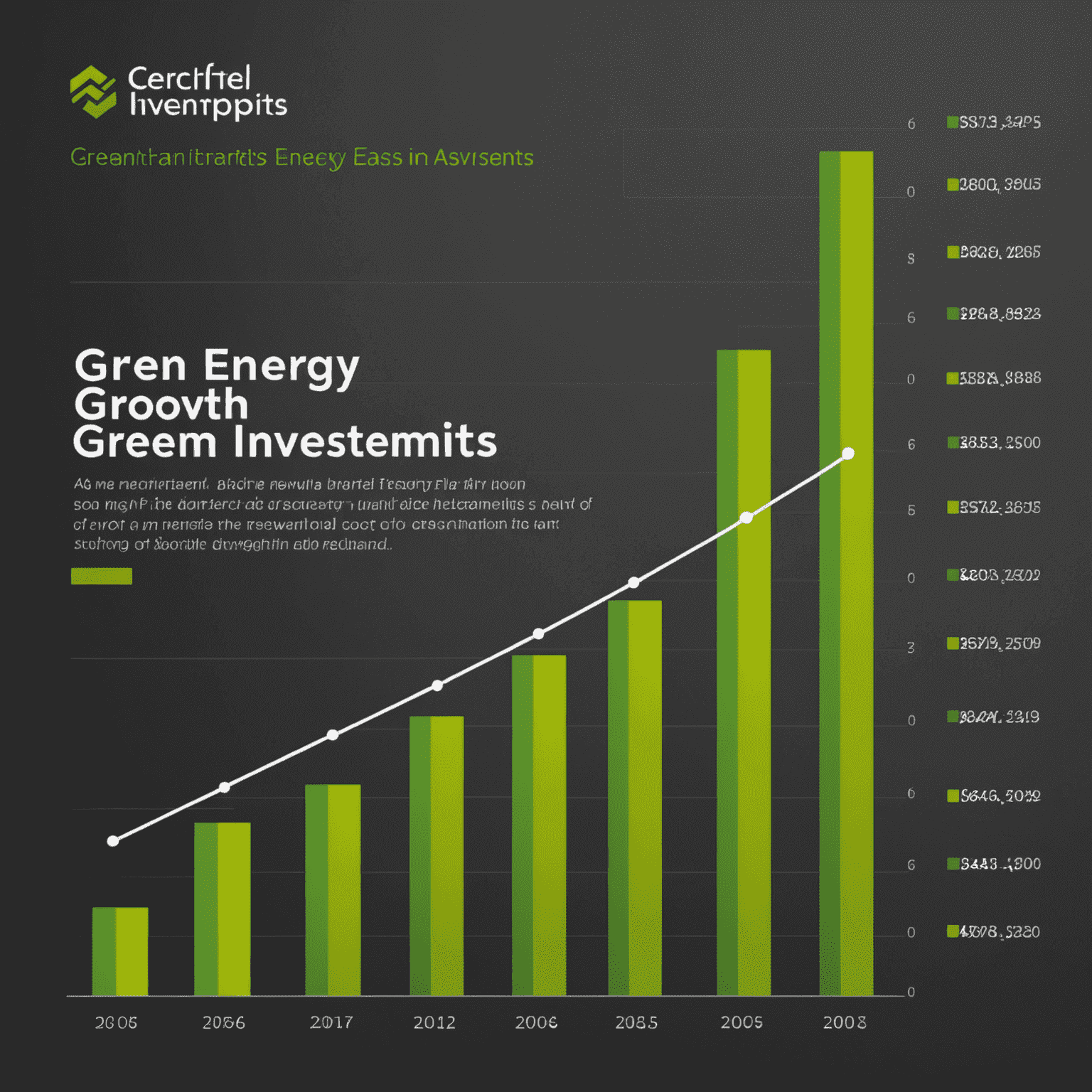 A graph showing the growth of green energy investments over the past decade, with a sharp upward trend. The graph uses bright green bars for renewable energy and dark gray bars for traditional energy sources, clearly illustrating the shift towards green investments.