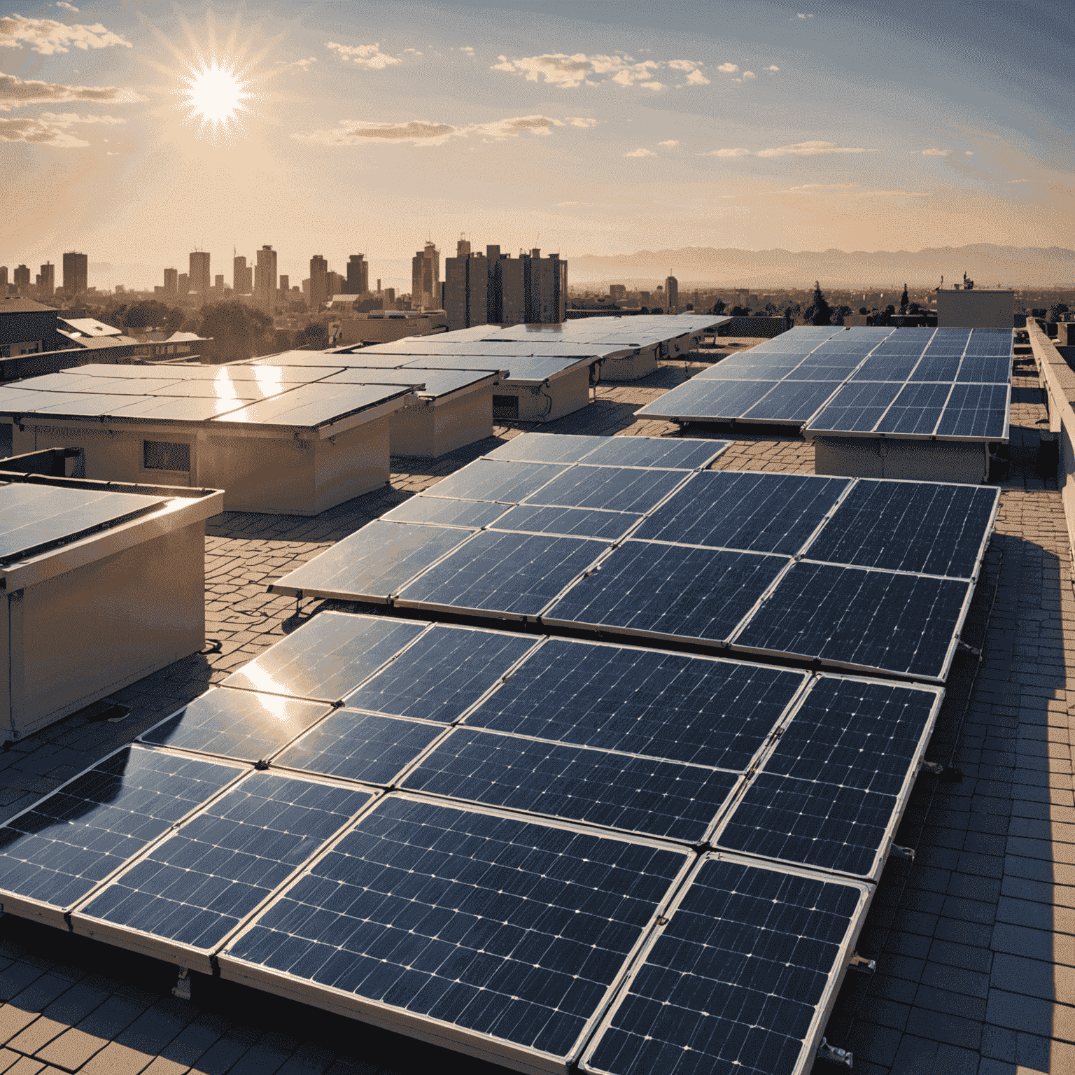 Solar panels on a rooftop with a bright sun in the background, symbolizing solar power investments