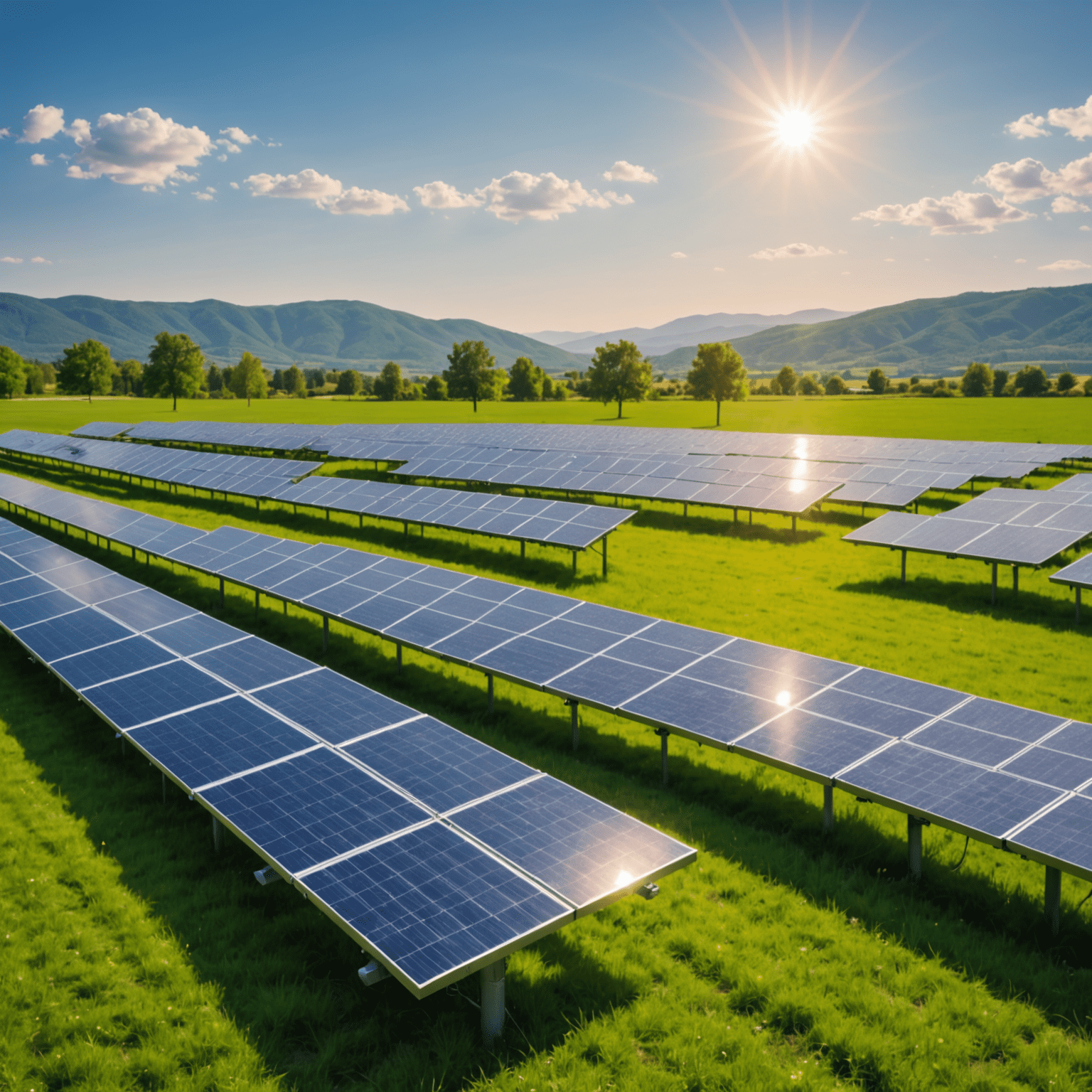 Solar panels on a green field with a bright sun in the background, symbolizing the potential of solar power investments