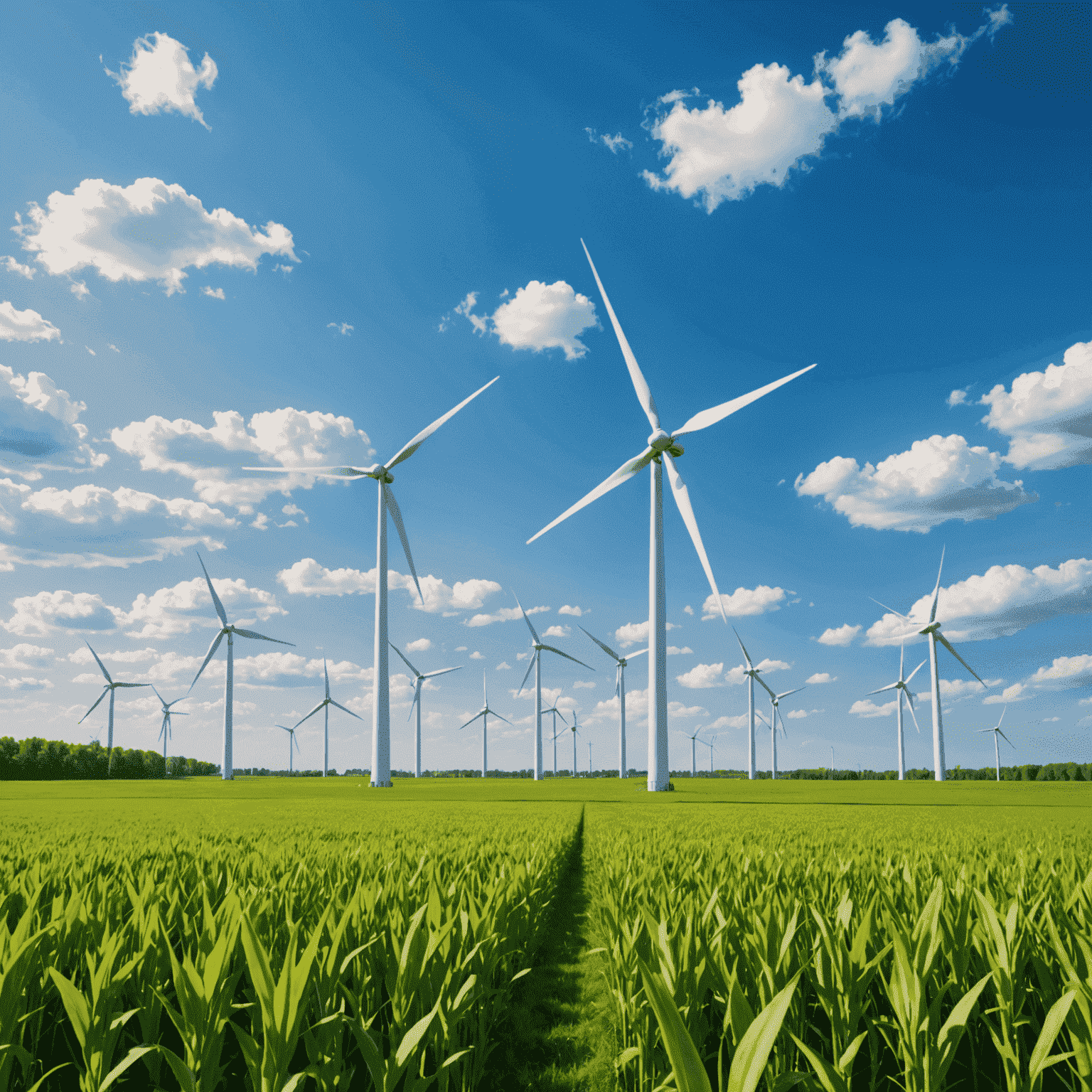 Wind turbines on a green field with a bright sky, symbolizing the growing wind energy market in Canada