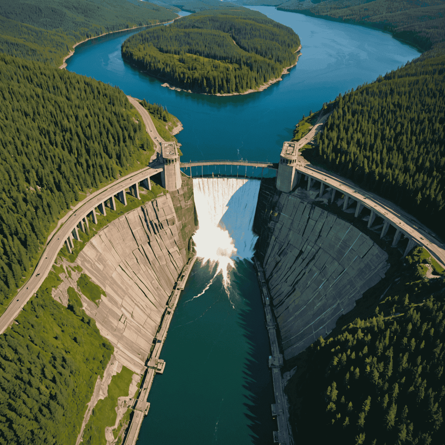 Aerial view of a large hydroelectric dam in a Canadian landscape, surrounded by lush forests and a expansive reservoir