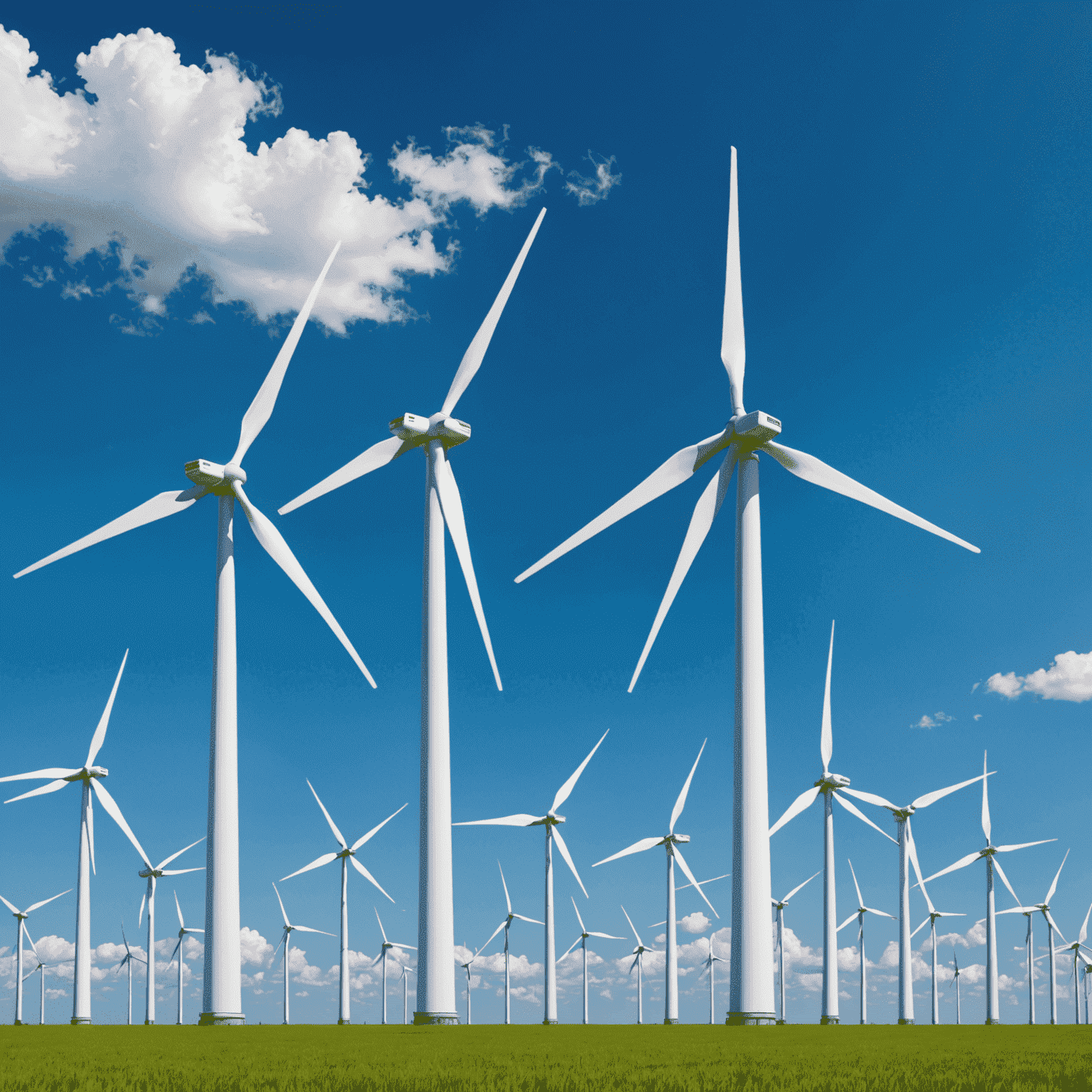 A field of wind turbines against a blue sky, representing wind energy market trends