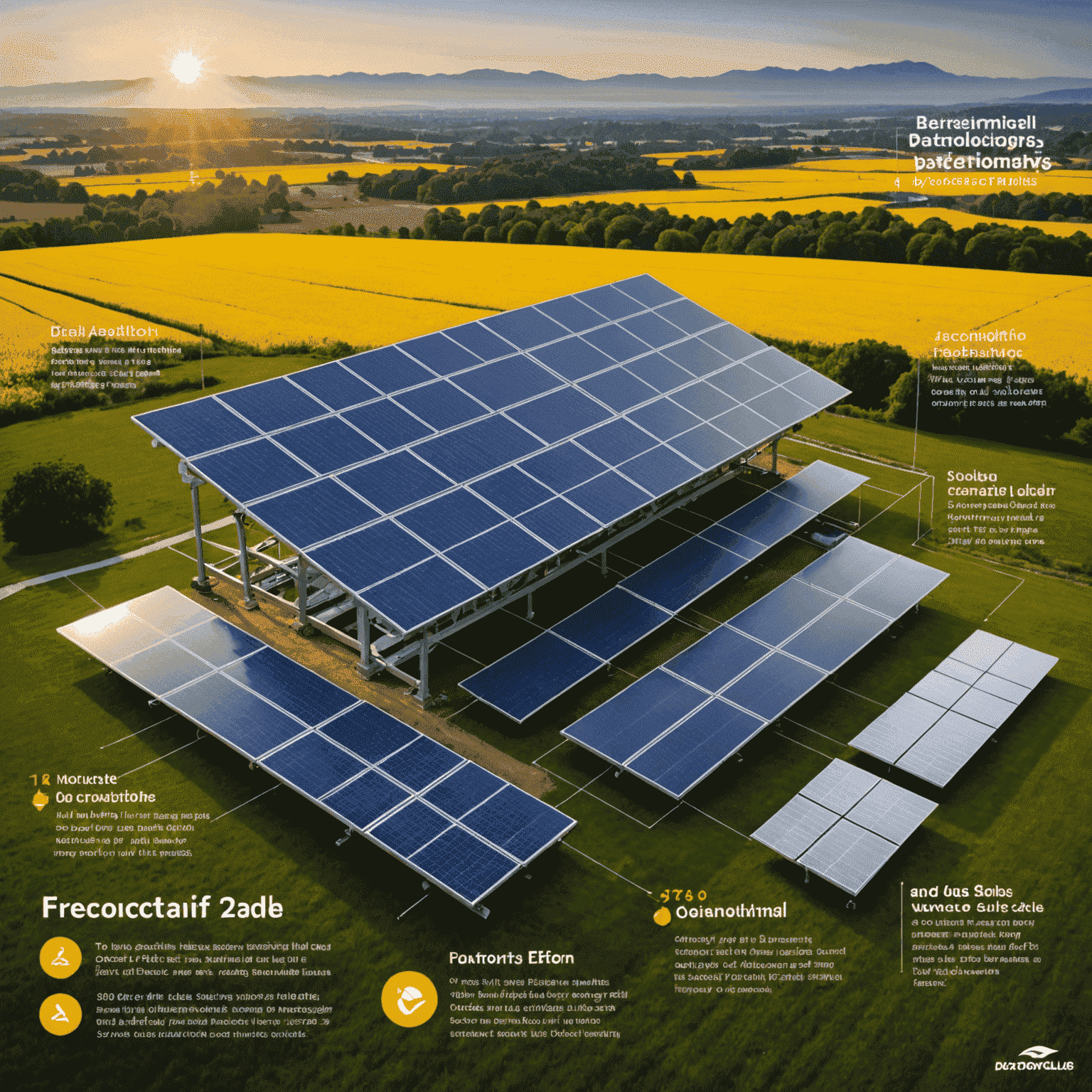 Infographic showing the technological advancements in solar power, including perovskite cells, bifacial panels, solar skin design, and floating solar farms