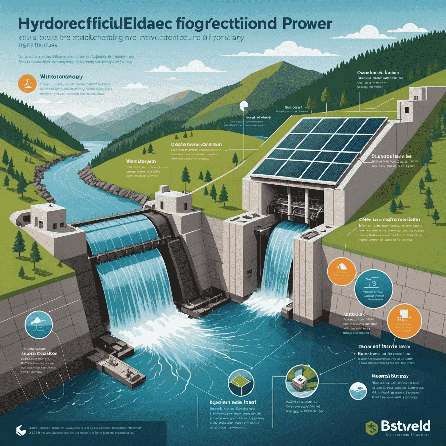 Infographic showing the benefits of hydroelectric power, including clean energy production, long-term infrastructure, and energy storage capabilities