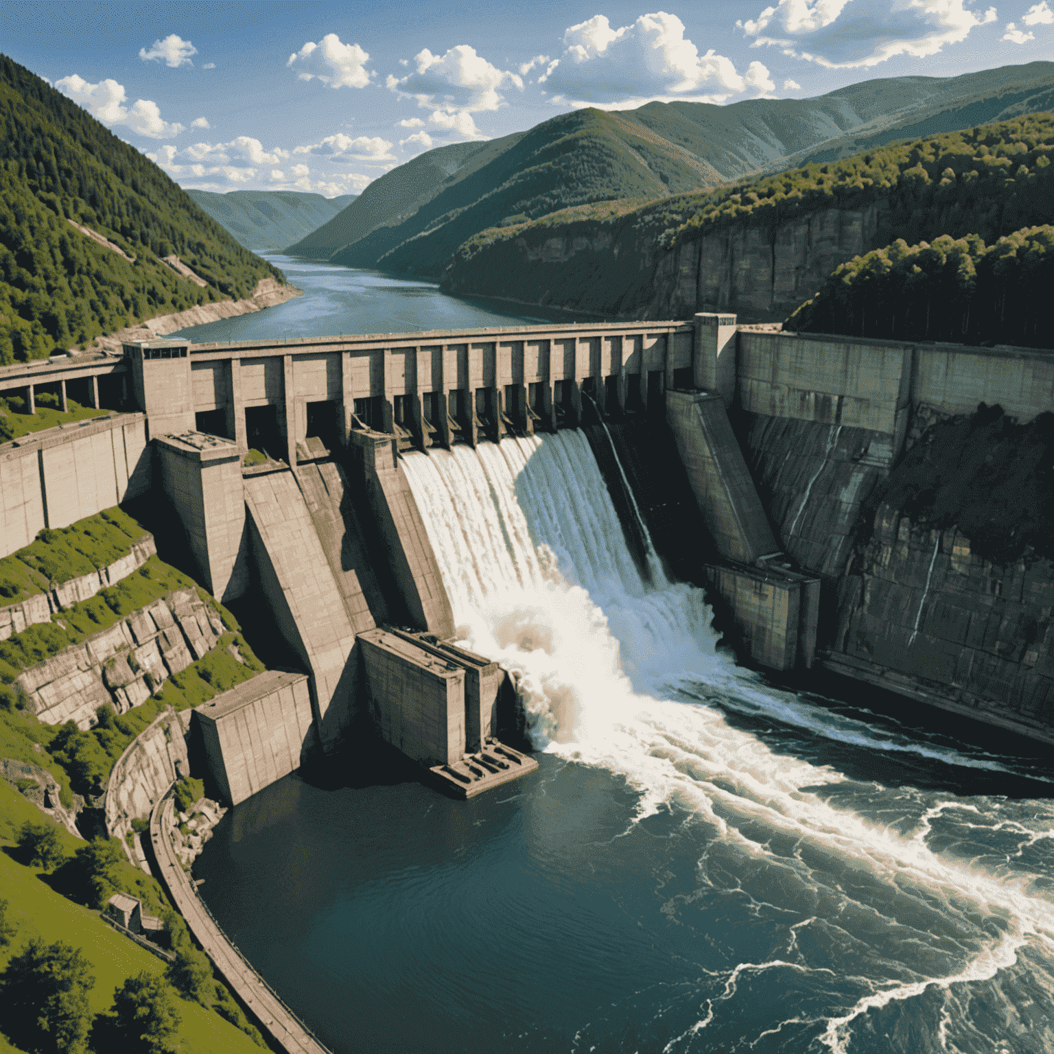 A large hydroelectric dam with water flowing, illustrating the power and scale of hydroelectric energy